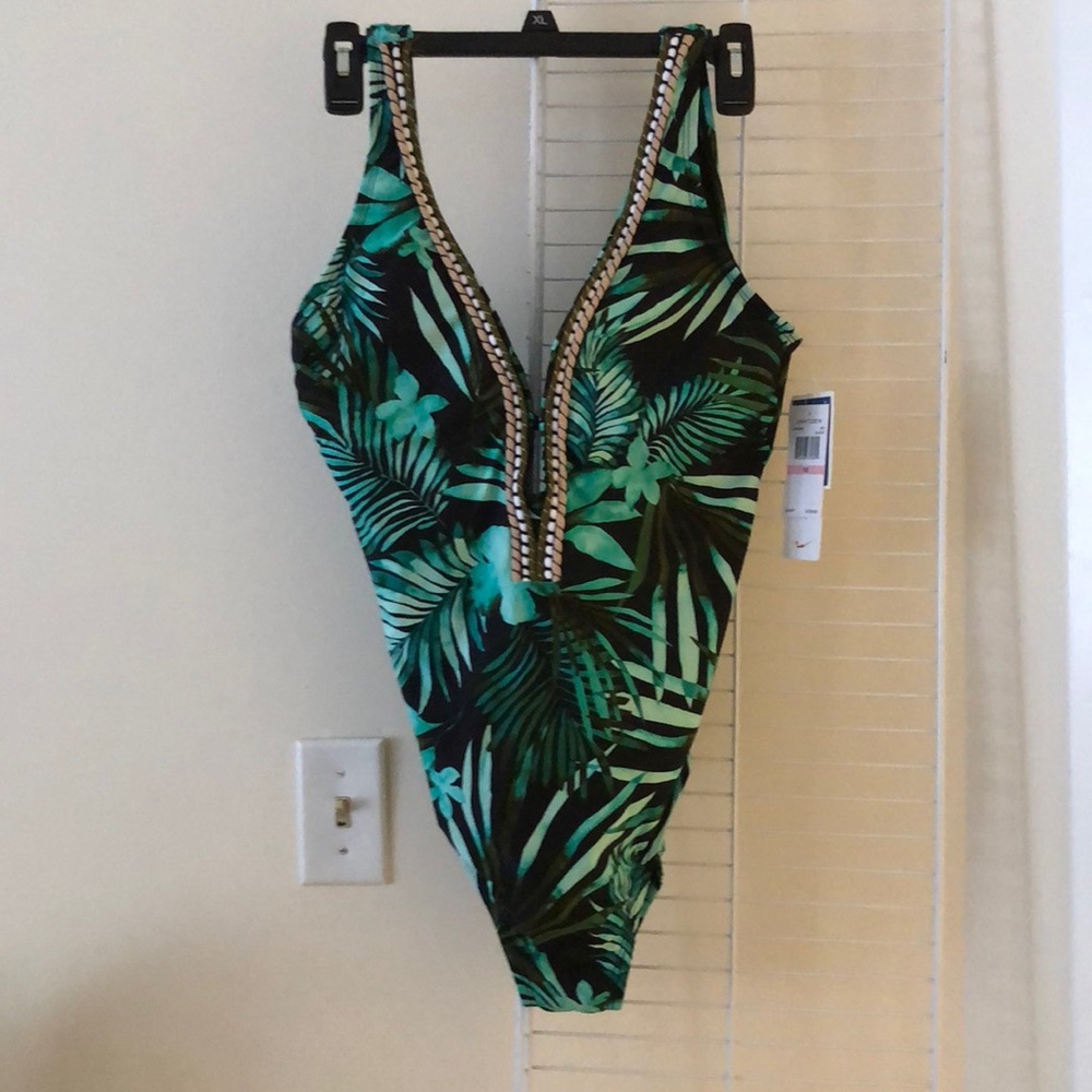Green Palm print deep v swimsuit